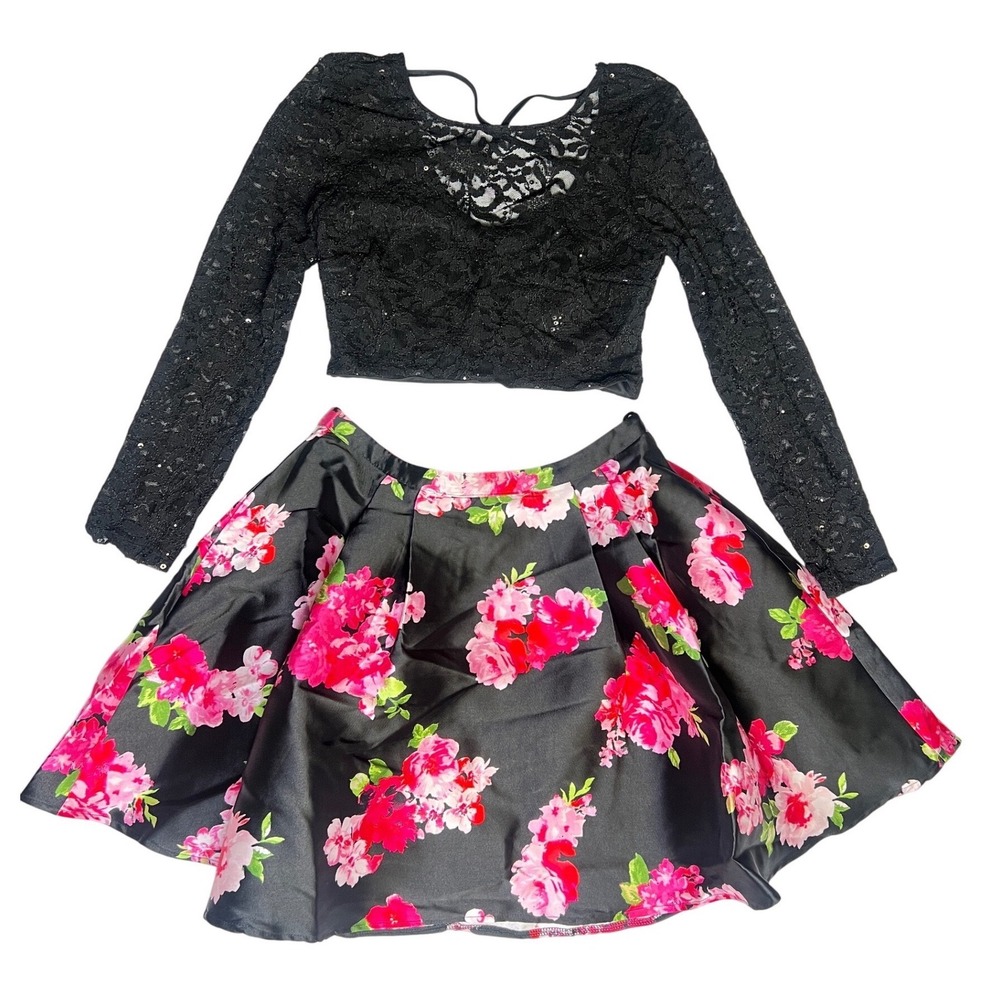 B Darlin 2 PC Set Lace Sequin Crop Top Floral A-Line Mini Skirt Black Pink 11/12